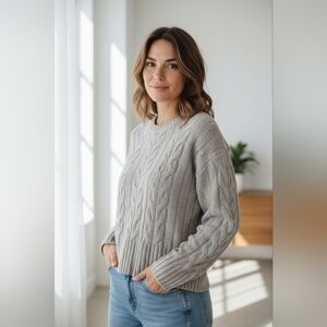 Banana Republic Merino Wool Cropped Cable Knit Sweater Womens XL Grey Pullover